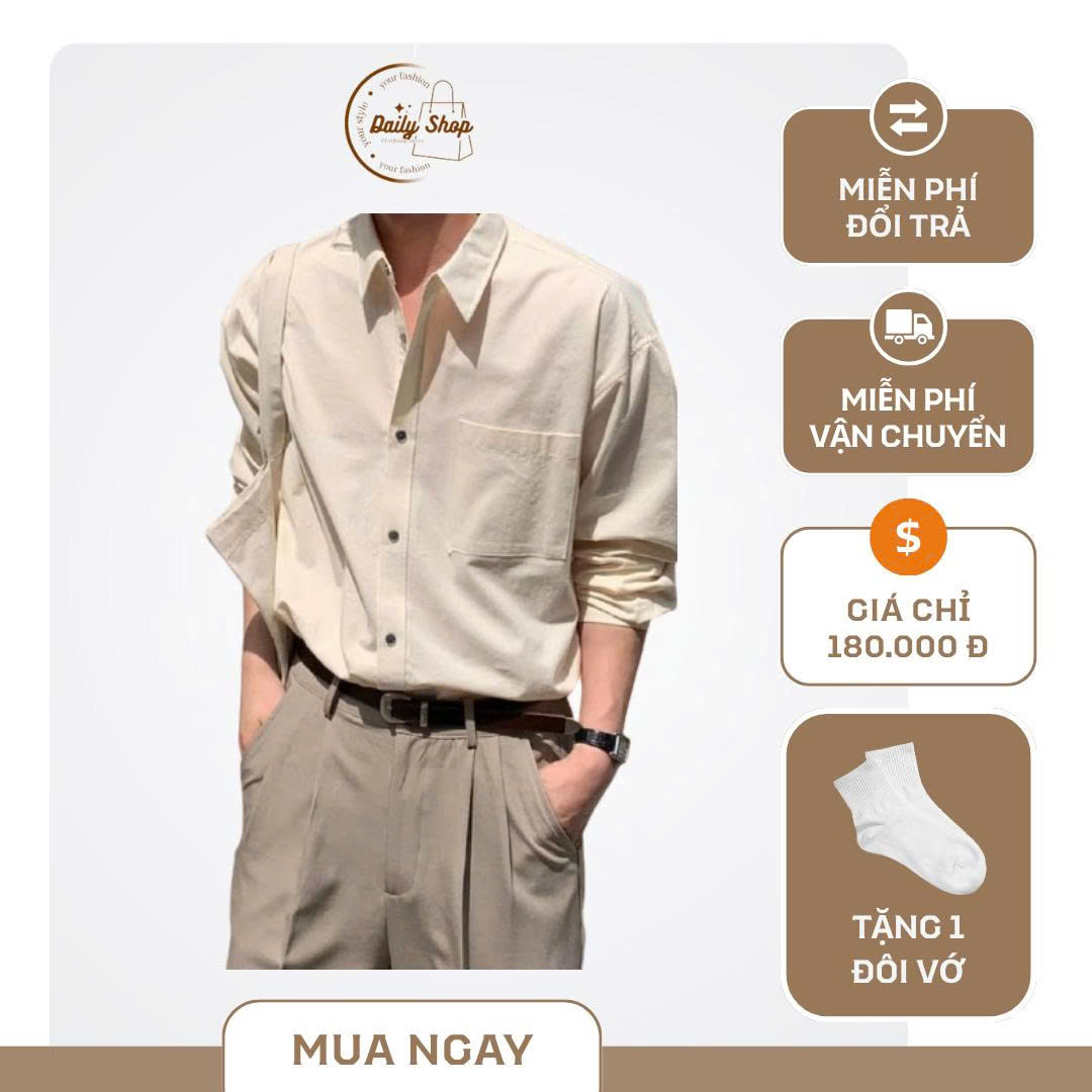 Áo Sơ Mi Nam Tay Dài Form Rộng Màu Kem Hàn Quốc | Daily Shop