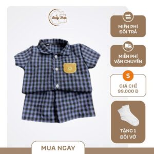Set Bộ Cộc Tay Kẻ Caro Đính Gấu Dễ Thương Cho Bé
