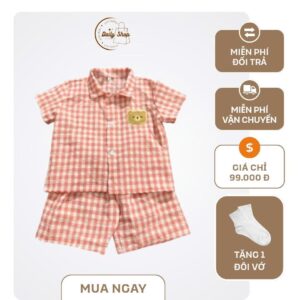 Set Bộ Cộc Tay Kẻ Caro Đính Gấu Dễ Thương Cho Bé