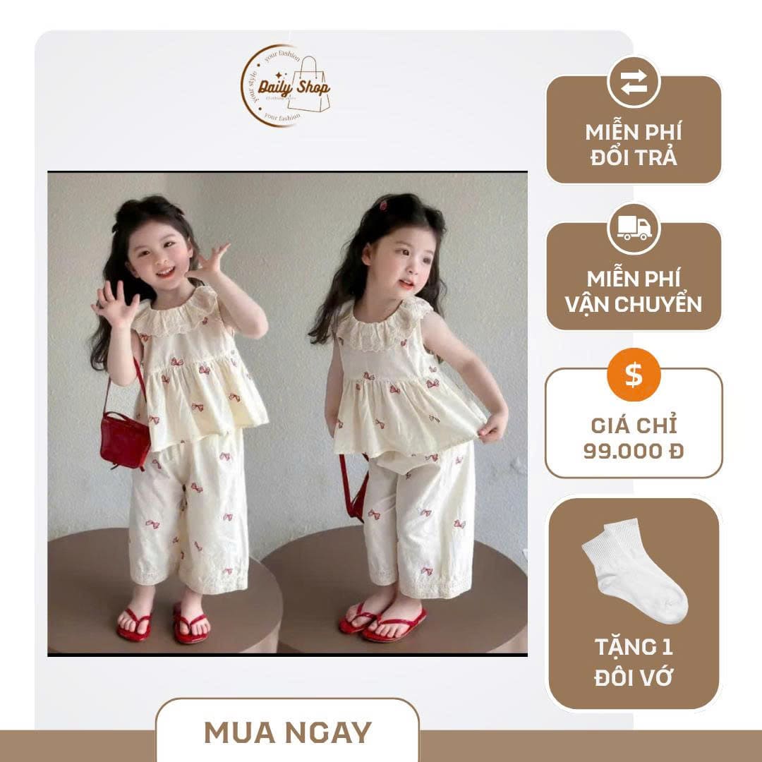 Set Bộ Sát Nách Bé Gái Cổ Bèo Ren Thêu Hoa Nhí Hàn Quốc