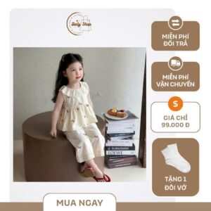 Set Bộ Sát Nách Bé Gái Cổ Bèo Ren Thêu Hoa Nhí Hàn Quốc