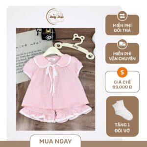 Alternative view of Sét Cộc Tay Bé Gái Cổ Sen Phối Nơ- Chất Cotton Thô Mềm Mịn Mát Cho Bé Từ 8-20kg